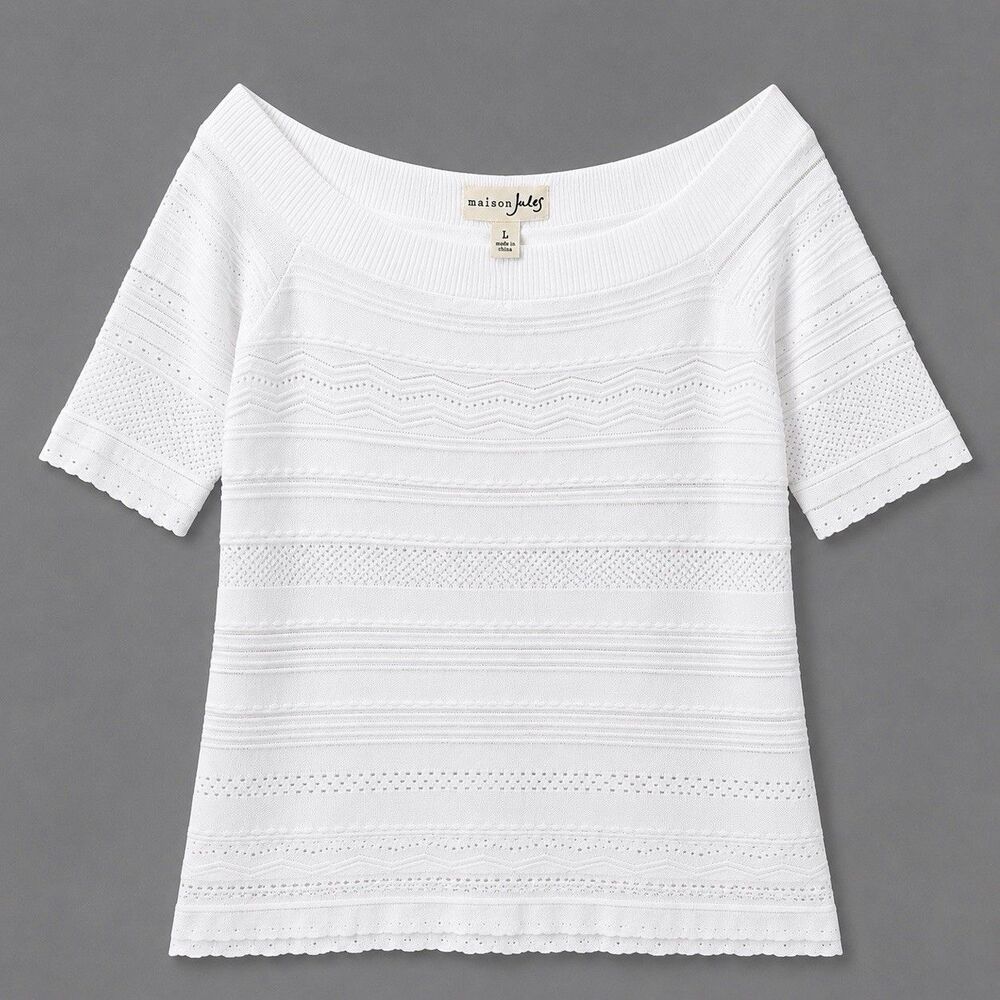 Maison Jules Sweater Women's Large White Textured Knit Short Sleeve Boat Neck